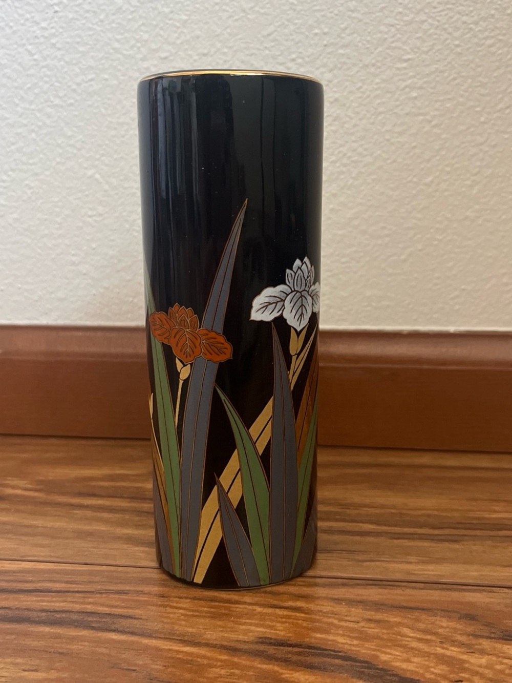 Otagiri Black Cylinder Vase with Orange and White Floral Motif (made in Japan)